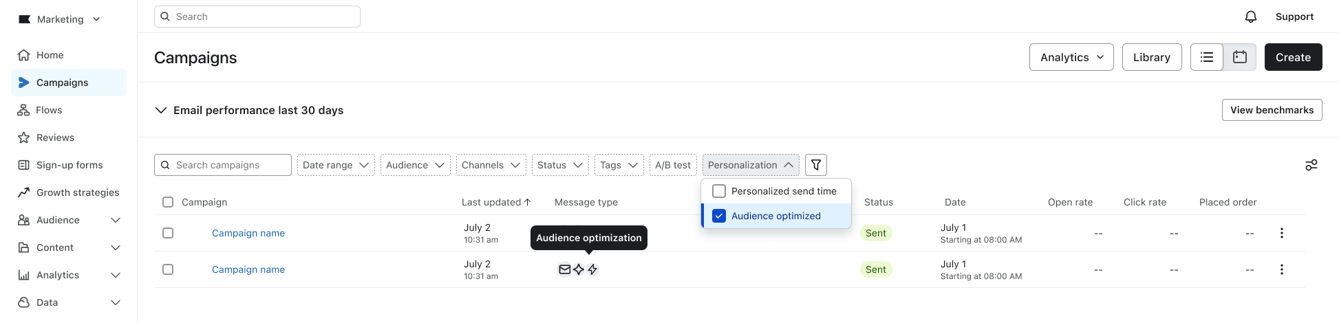 Audience Optimization personalization badge on the dashboard