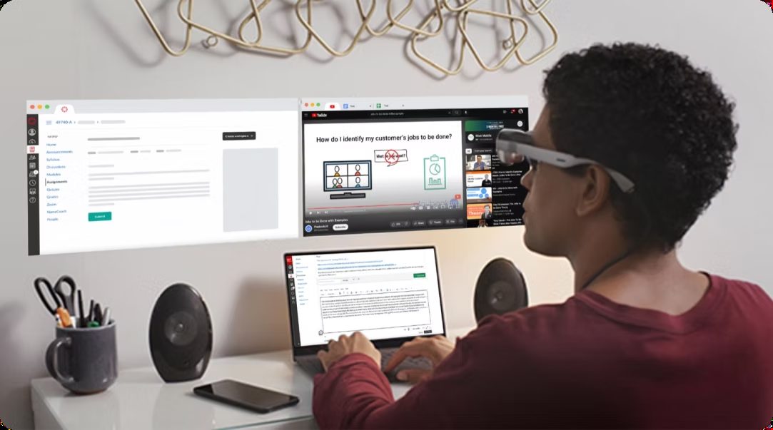 Future vision: a student wearing AR glasses with the Canvas assignment and a lecture video floating beside the laptop