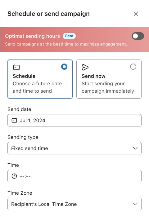 Early concept: an Optimal sending hours beta toggle at the top of the schedule or send campaign drawer